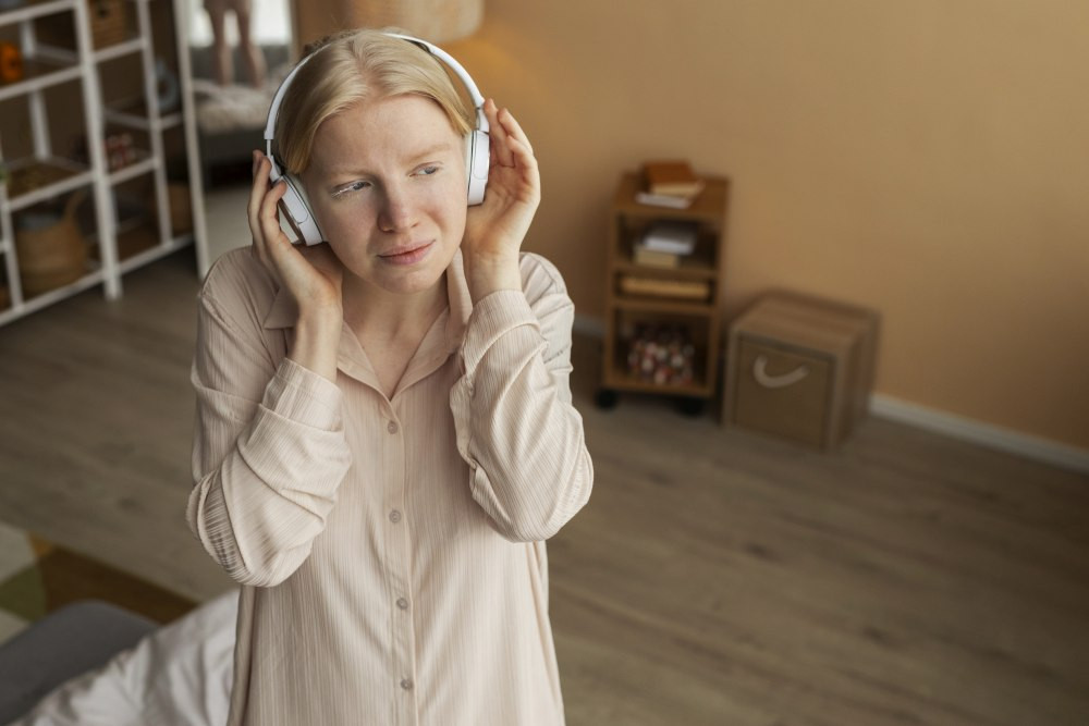 Szőke Nő fejhallgatóval